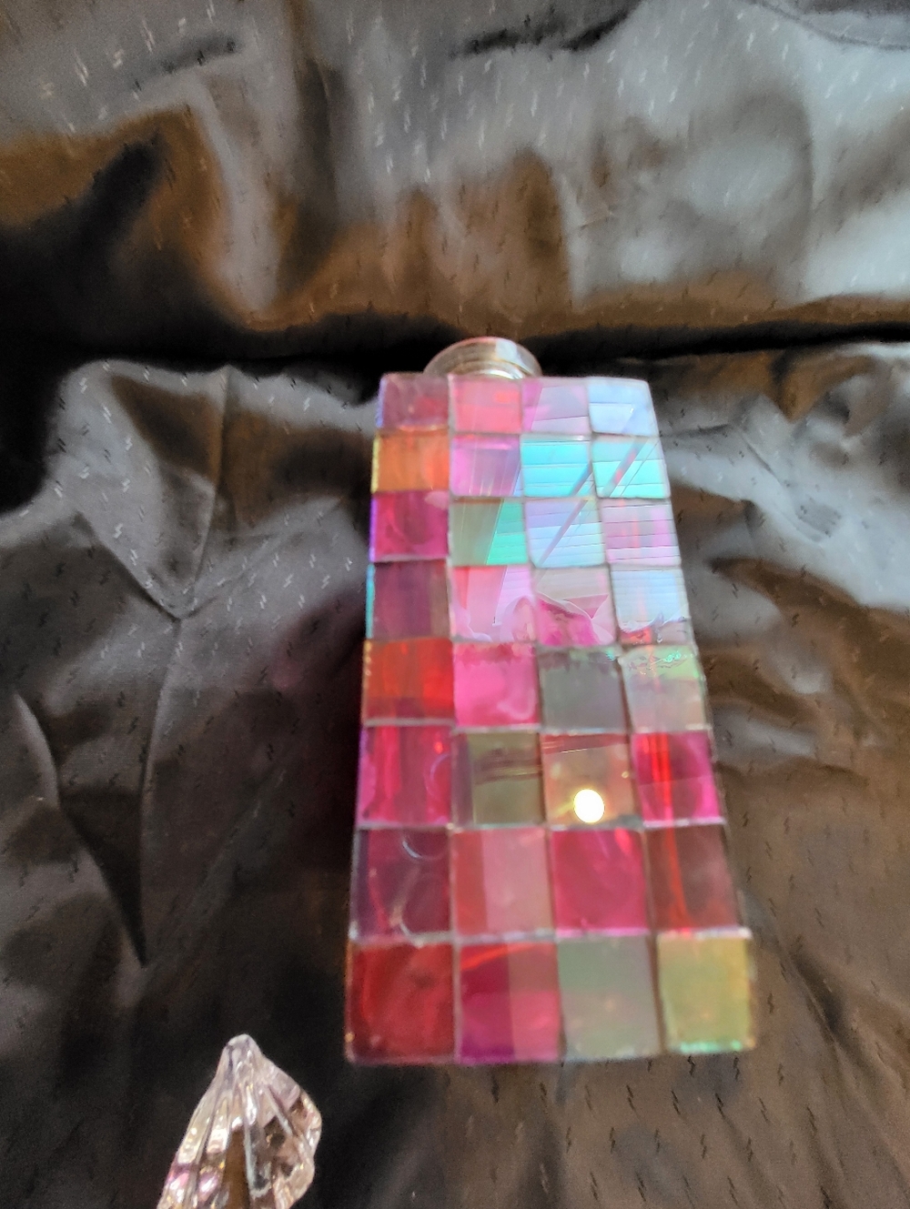 Faceted 5.5 x 3 In. Glass Perfume Bottle with Pink Mosaic Panels With Stopper - Picture 7 of 12